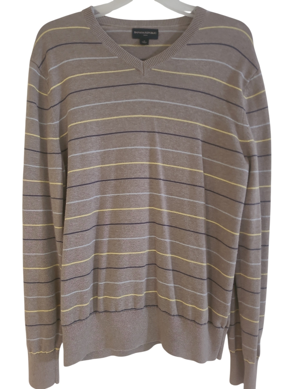 Banana Republic Men's Taupe V-Neck Sweater with Yellow & Navy Stripes